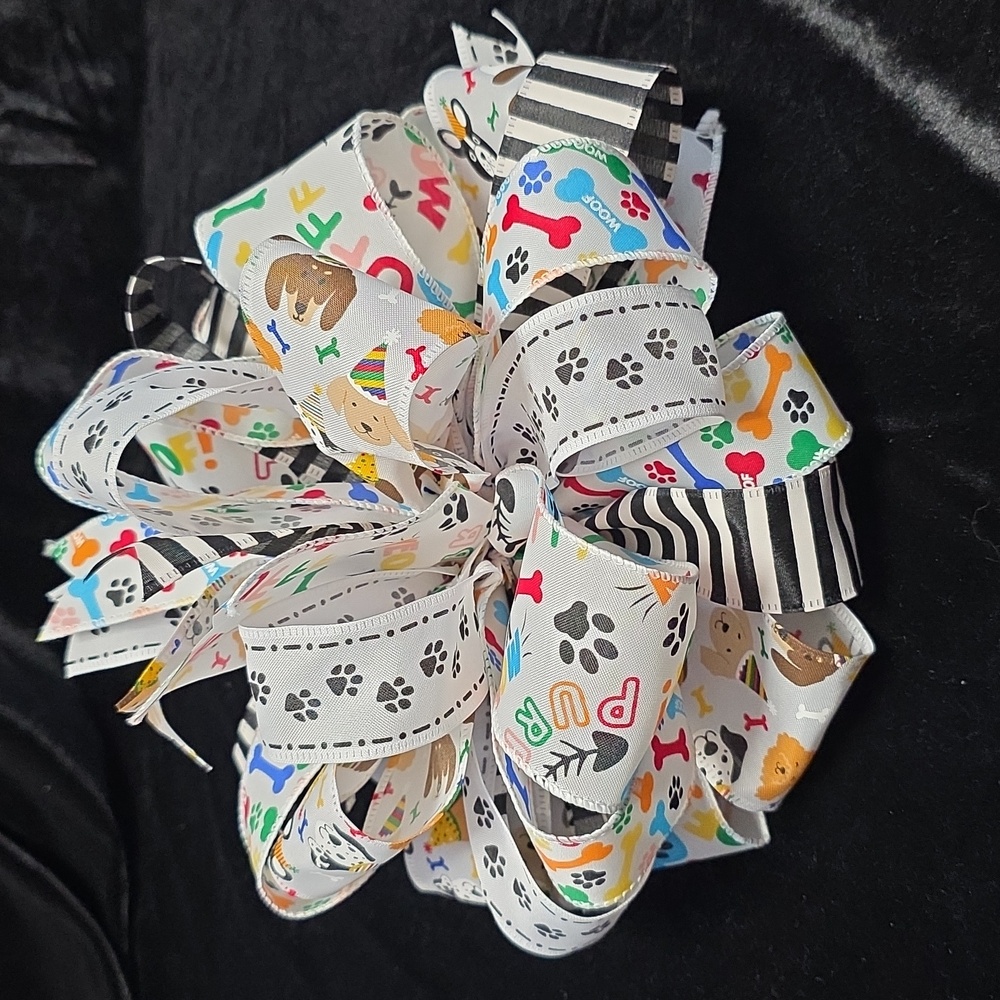 Dog/Pet-Themed Ribbon Bow - Colorful Paw Print and Stripes, 30 Loop Bow
